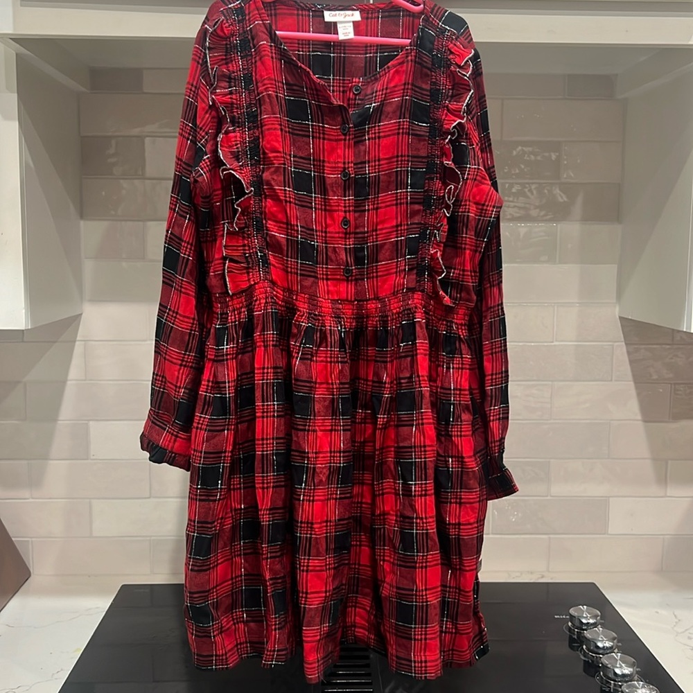 Girls red/silver/black plaid dress
